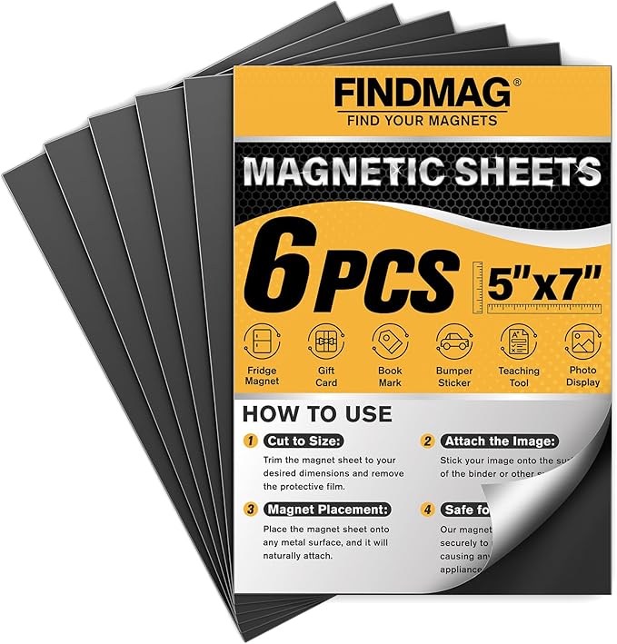 FINDMAG Magnetic Adhesive Sheets, 6 Pack Each 5" x 7" Flexible Magnet Strips by FINDMAG