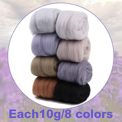 WONVOC Needle Felting Wool 80g, Wool Roving, 8 Colors, - Image 2