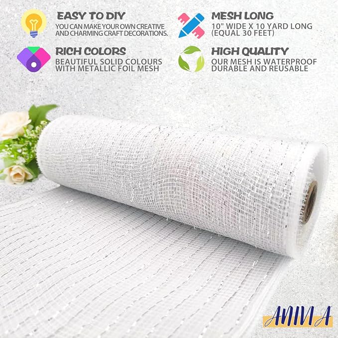 Anivia Deco Mesh Ribbon, 10inch x 30 Feet Each Roll Metallic Foil Mesh Ribbon - Image 3