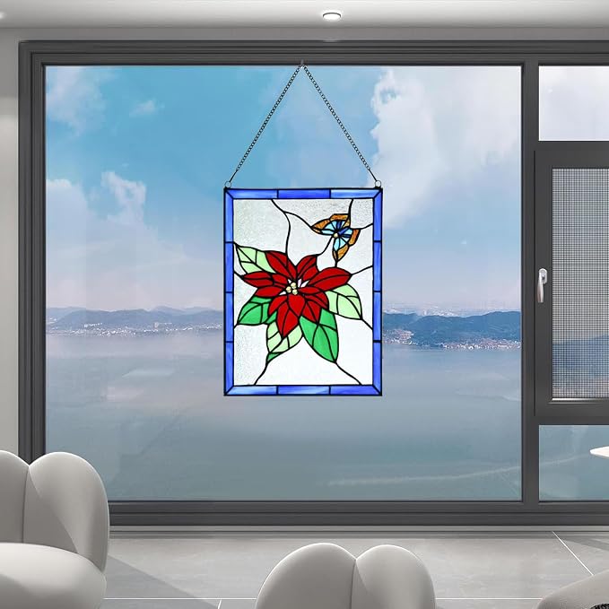 PA0020 Christmas Flower Stained Glass Hanging Panel-10 Wx13.25 H Window - Image 2