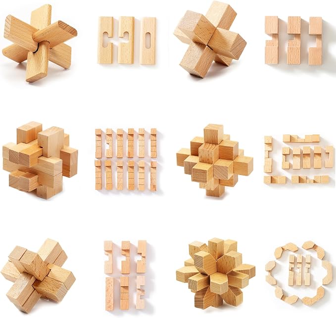 VolksRose 15pcs Wooden Brain Teaser Puzzles, IQ Challenge Puzzle Games - Image 3