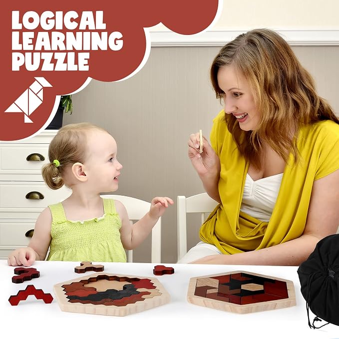 Yunsailing 3 Pack Hexagon Wooden Puzzle Wood Russian Blocks Tangram Puzzle - Image 6