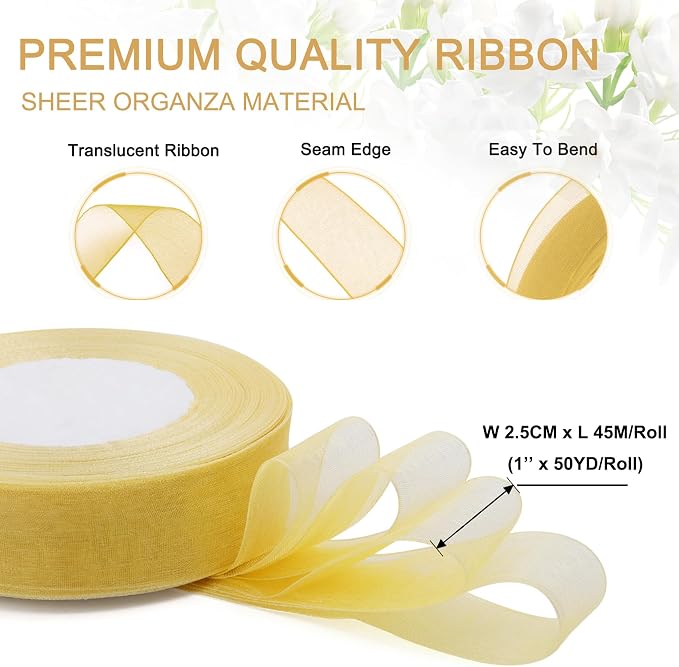 Gold Ribbon for Gift Wrapping, 1 inch 50Yard Sheer Organza Ribbon for Flower - Image 2