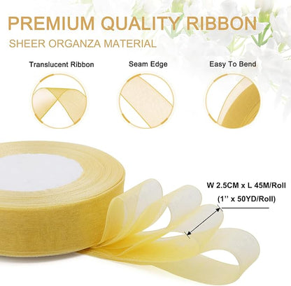 Gold Ribbon for Gift Wrapping, 1 inch 50Yard Sheer Organza Ribbon for Flower - Image 2