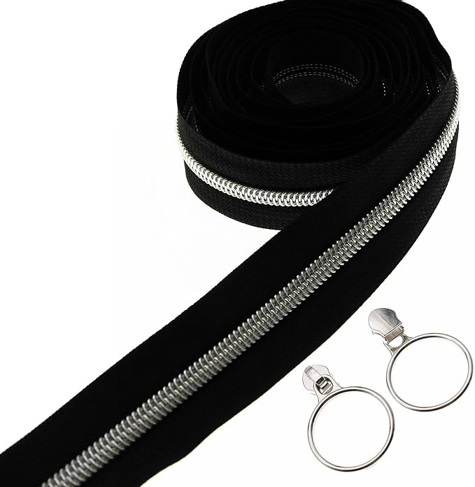 Leekayer #5 Silver Metallic Nylon Coil Zippers by The Yard Bulk 10 Yards Black by Leekayer