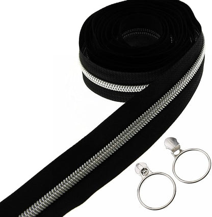 Leekayer #5 Silver Metallic Nylon Coil Zippers by The Yard Bulk 10 Yards Black by Leekayer