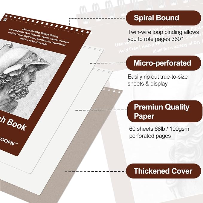 TKOOFN 5.5" x 8.5" Sketch Book, 600 Sheet Top Spiral Bound Premium Sketchbook - Image 3