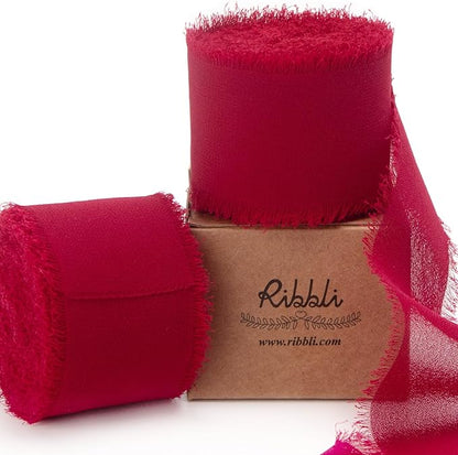 Ribbli Dark Red Chiffon Ribbon 1-1/2 inch x 20 Yard Handmade Fringe Chiffon by Ribbli