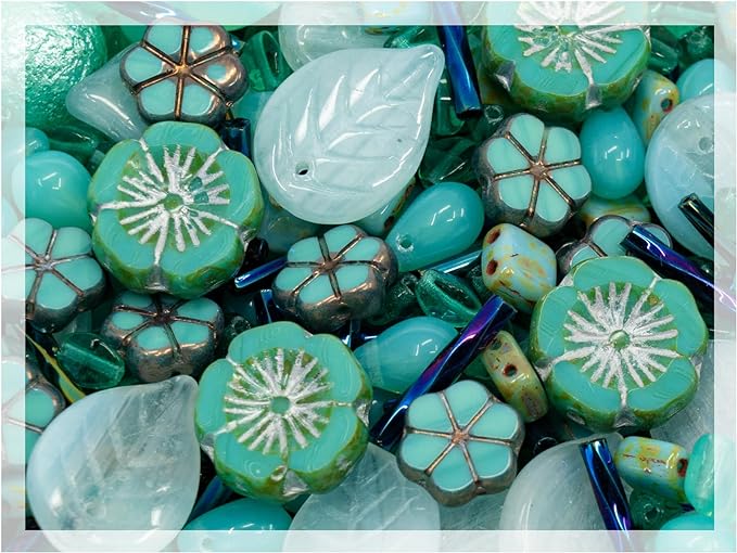 2.1oz Mix of Unique Czech Bohemia Glass Pressed Beads, Opaque Turquoise Green by CzechBeadsManufacturer