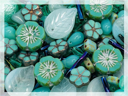 2.1oz Mix of Unique Czech Bohemia Glass Pressed Beads, Opaque Turquoise Green by CzechBeadsManufacturer