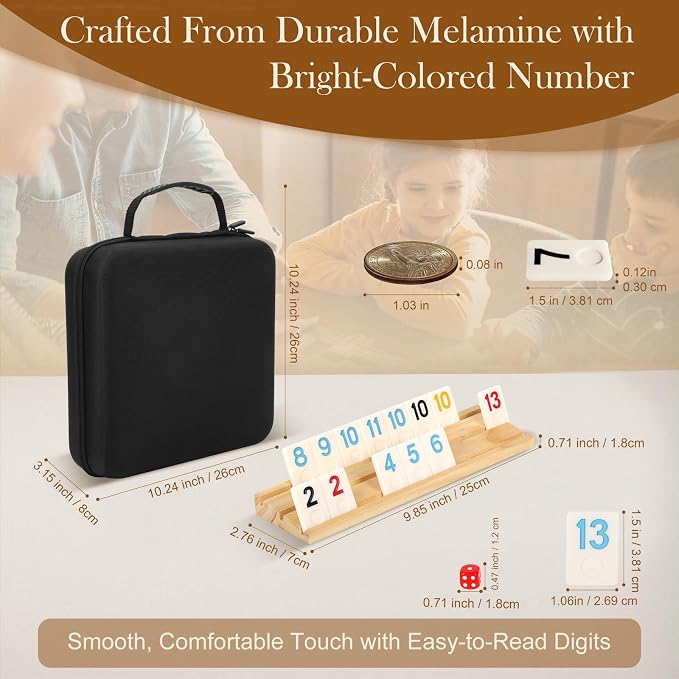 2-8 Players Rummy Game Set, 214 Melamine Tiles, 8 Wooden Racks, Drawstring Bag - Image 6