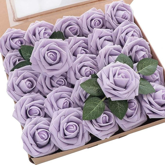 Floroom Artificial Flowers 25pcs Real Looking Lilac Foam Fake Roses by Floroom