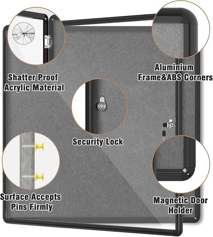 38"x38" Enclosed Bulletin Board, Lockable Weather-Resistant Aluminum Cork - Image 3