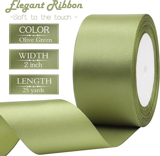 Olive Green Solid Satin Ribbon 2 Inch 25 Yards Solid Polyester Fabric Ribbon - Image 3