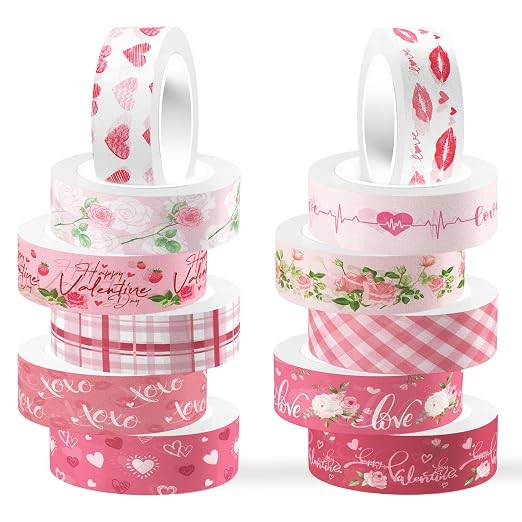 12 Rolls Pink Heart Washi Tape Set, Valentine's Day Love Heart Masking Tape by Unknown
