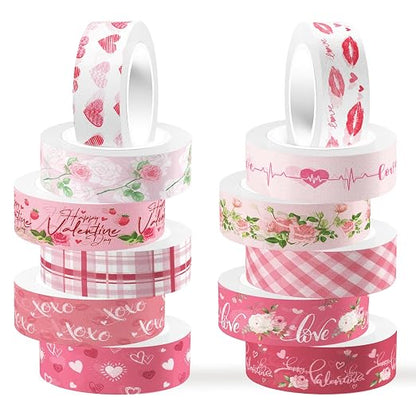 12 Rolls Pink Heart Washi Tape Set, Valentine's Day Love Heart Masking Tape by Unknown