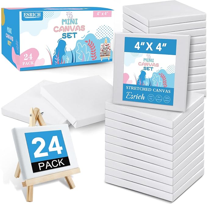 ESRICH Mini Canvases for Painting, 4x4In Canvas in Bulk 24Pack, 2/5In Profile by ESRICH