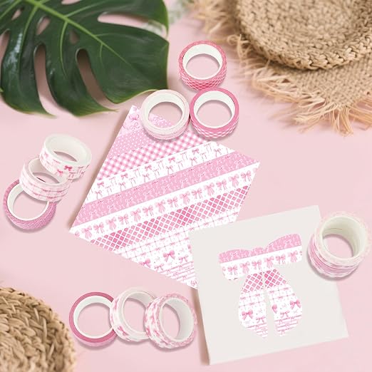 12 Rolls Pink Bow Washi Tape, Bowknot Plaid Adhesive Masking Tapes Decorative - Image 3
