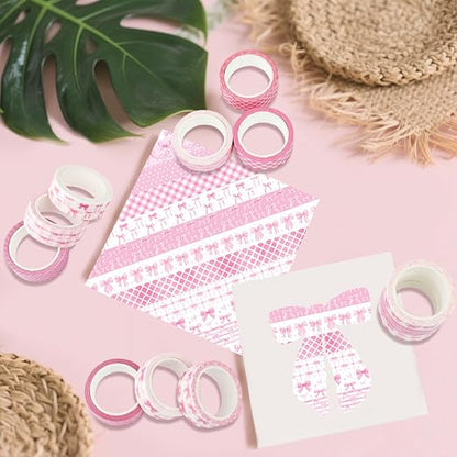 12 Rolls Pink Bow Washi Tape, Bowknot Plaid Adhesive Masking Tapes Decorative - Image 3