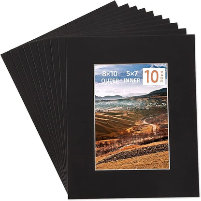 HOTUO 10 Pack Acid Free Black Picture Frame Mats, Pre-Cut 8x10 Picture Mats by HOTUO