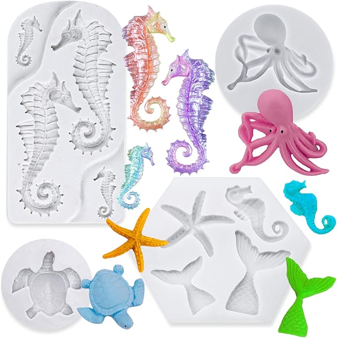 4 PCS Marine Theme Fondant Silicone Mold Hippocampus Turtle octopus Shape DIY by GeoGeoDIY