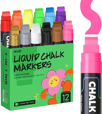 WUO Window Chalk Markers, 12 Colors Car Markers, 15mm 3-In-1 Jumbo Wide Nib by WUO