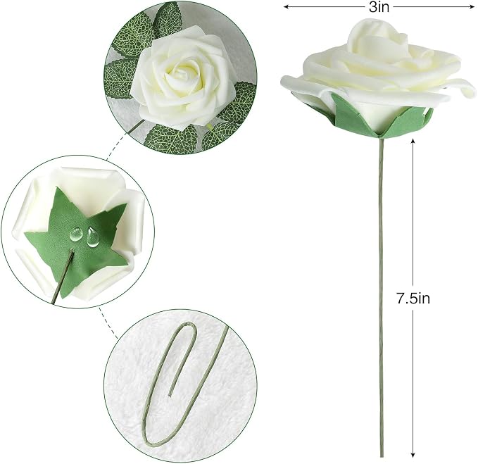 AmyHomie Artificial Flower Ivory Rose 25pcs Real Looking Fake Roses w/Stem - Image 2