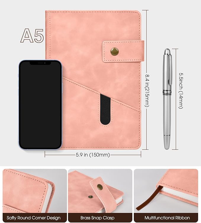 Pink A5 Lined Leather Journal Notebook - Image 2