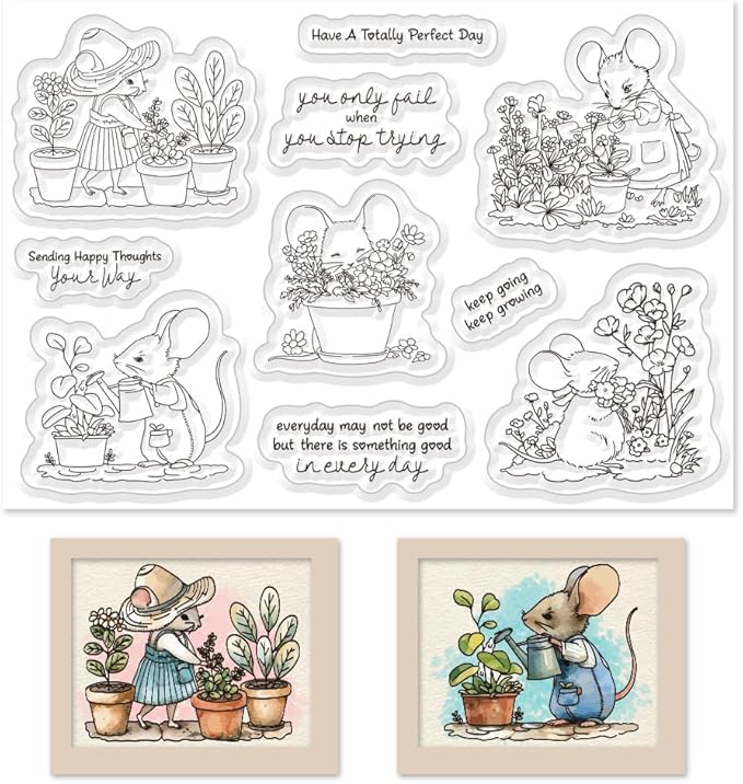 Cute Mouse Garden Planting Flowers Animal Clear Stamps by BEUNITONE