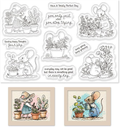 Cute Mouse Garden Planting Flowers Animal Clear Stamps by BEUNITONE