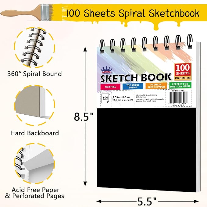 WINNER 5.5" x 8.5" Sketch Book, 68lb/100gsm White Acid Free Drawing Pad - Image 2