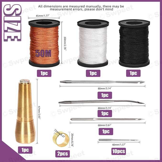 Swpeet 10Pcs Portable Copper Handle Canvas Leather Sewing Awl Needle and 3 - Image 2