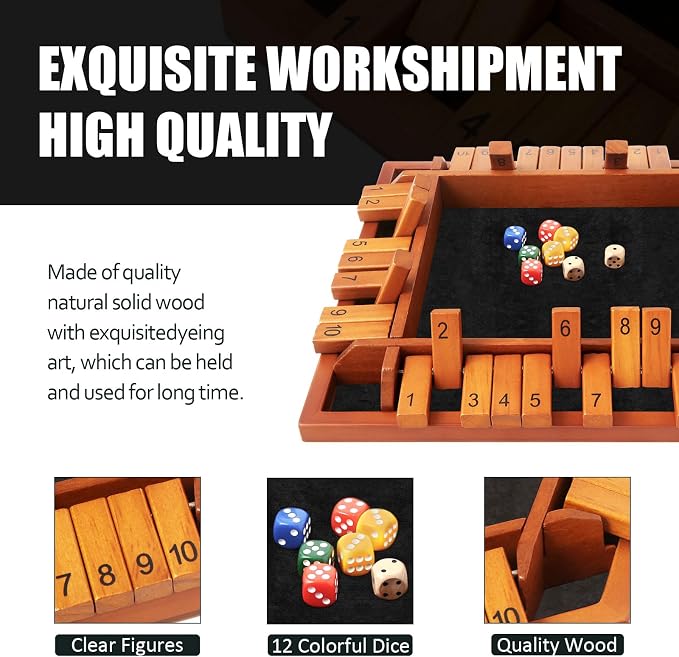 Upgraded 1-4 Players Shut The Box Dice Game, Wooden Board Table Family Game - Image 3
