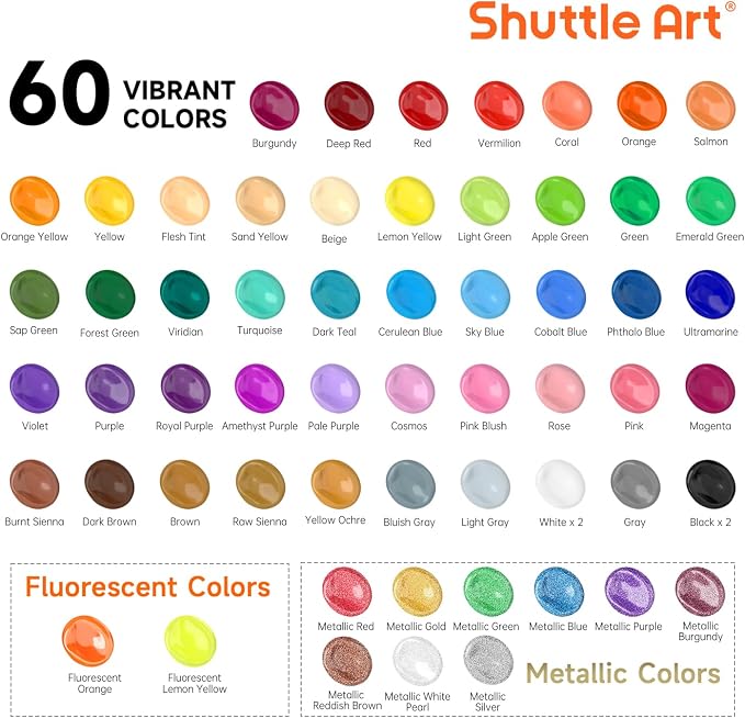 72 Pack Acrylic Paint Set, Shuttle Art 60 Colors Acrylic Paint Including Extra - Image 3