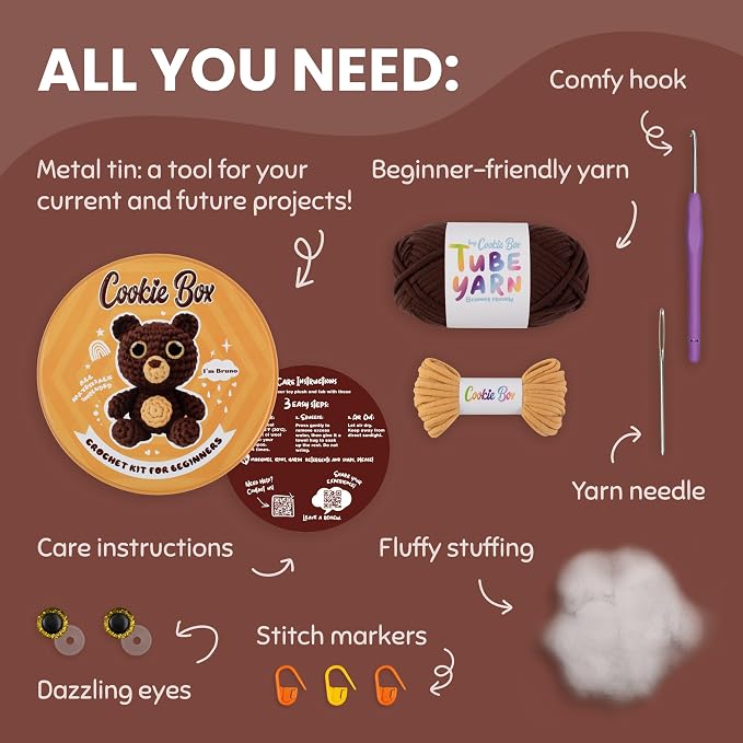Cookie Box Crochet Kit for Beginners – Gift Set to Make Bear Bruno Amigurumi - Image 2