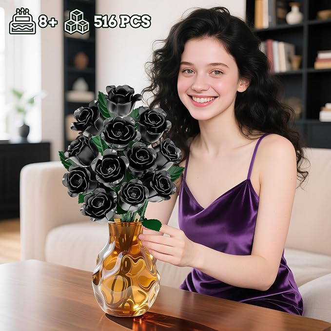 Black Rose Bouquet Building Blocks, Artificial Roses Flowers Botanical - Image 2