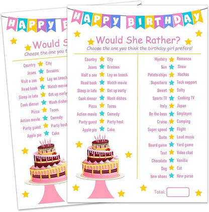 Birthday Girl Party Game-Would She Rather-20 Birthday Game Card Set- Girl by ALodr
