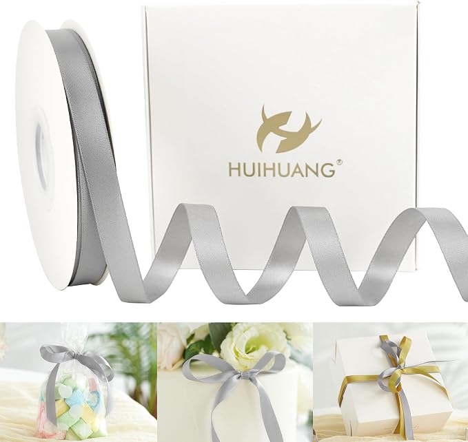 HUIHUANG Silver Ribbon 1/2 inch Continuous 50 Yards Silver Double-Faced Satin by HUIHUANG