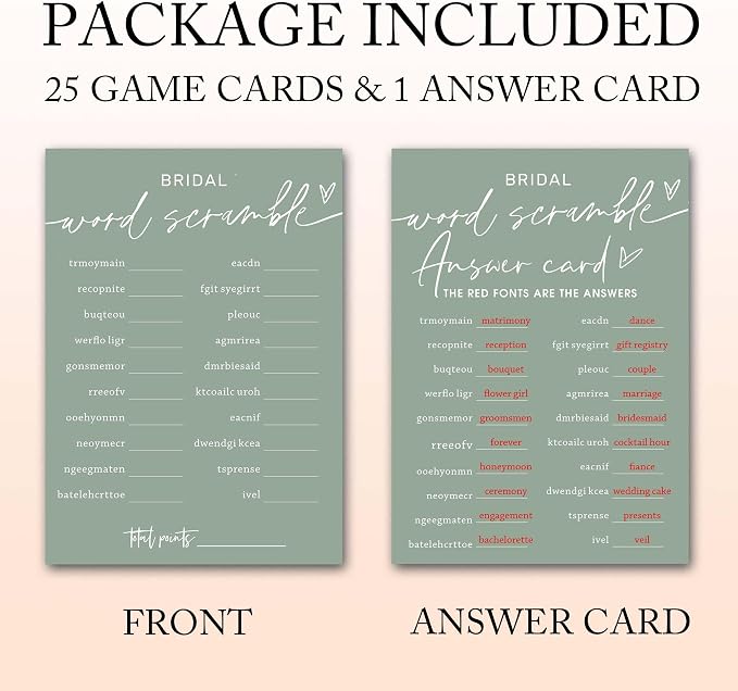 Bridal Shower Games Cards, Bridal Word Scramble, 25 Game Cards - Image 2