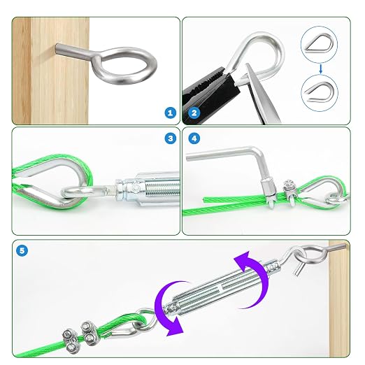 M6 Turnbuckles for Cables Wire, 3/16" Green PVC Coated Wire Rope Kit - Image 5