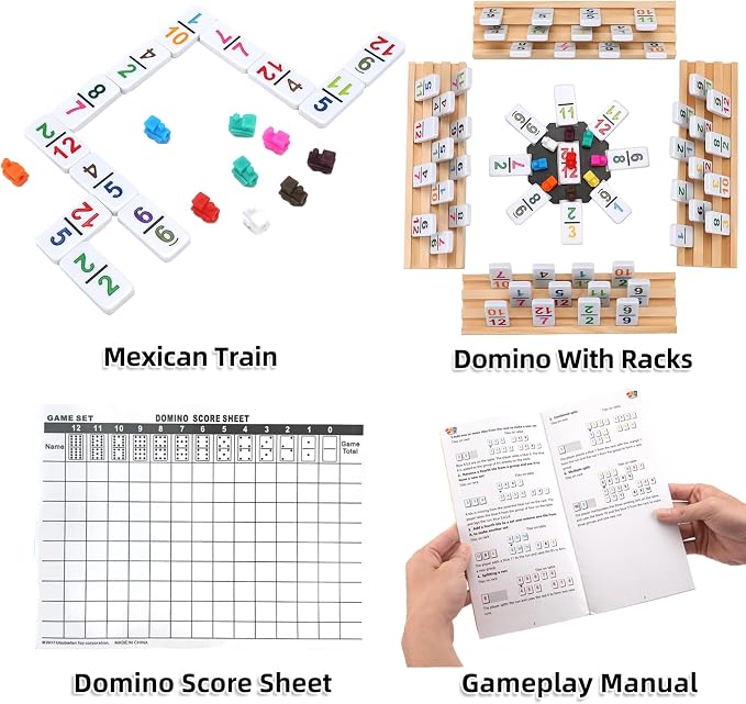 Mexican Train Dominoes Set Numbers and 8 Wooden Holders, Double 12 Travel - Image 5