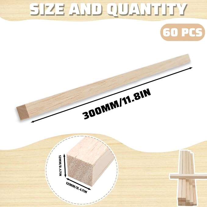 60Pcs Wood Square Dowel Rods 1/2 x 1/2 x 12 inch, Wood Squares - Image 2