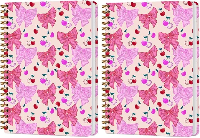2 PCs Coquette Pink Bows Cherry Journaling Notebooks Trendy Preppy Spiral by Unknown