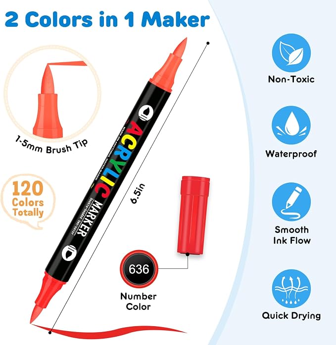 120 Colors Acrylic Paint Markers, Dual-Color Acrylic Paint Pens - Image 3
