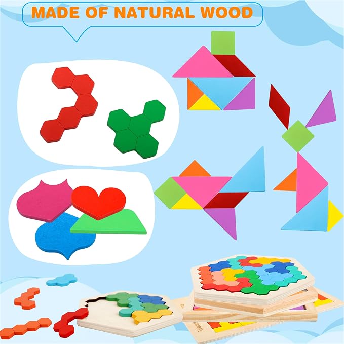 7 Pack Wooden Tangrams Puzzle Set Wooden Hexagon Puzzles Wood Russian Blocks - Image 3