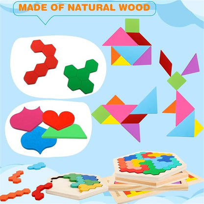 7 Pack Wooden Tangrams Puzzle Set Wooden Hexagon Puzzles Wood Russian Blocks - Image 3