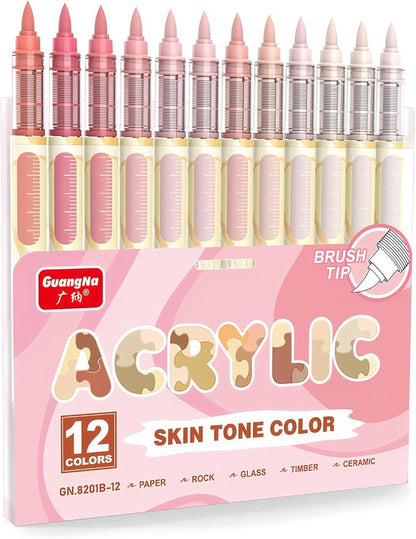 Guangna 12 Pink Skin Series Acrylic Paint Markers Set, Brush Tip Acrylic Paint by GuangnaArtSupplies