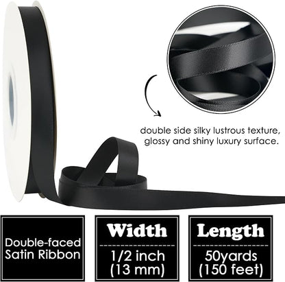 HUIHUANG Black Satin Ribbon 1/2 inch X 50 Yards Continuous, DIY Crafts - Image 2
