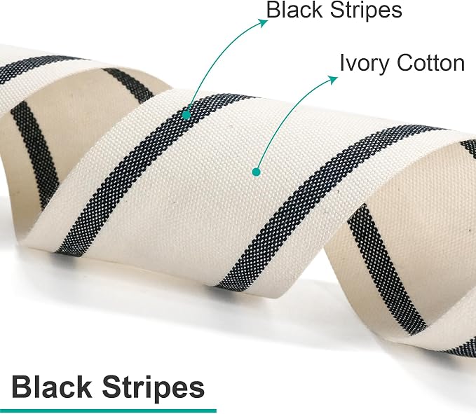CT CRAFT LLC Ivory Cotton Black Stripes Ribbon 1" x 10 Yards - Image 2