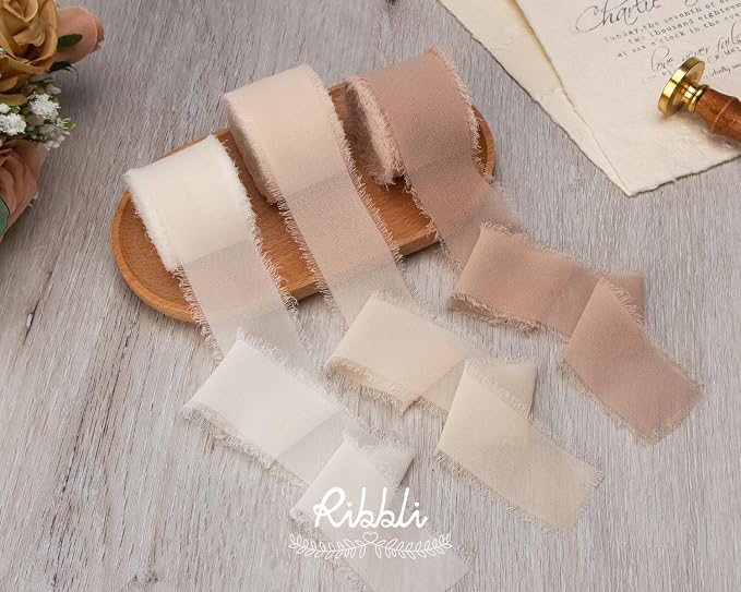Ribbli Chiffon Silk Ribbon, 1.5 inch x 30 Yard, Cream/Champagne/Beige Fringe - Image 2